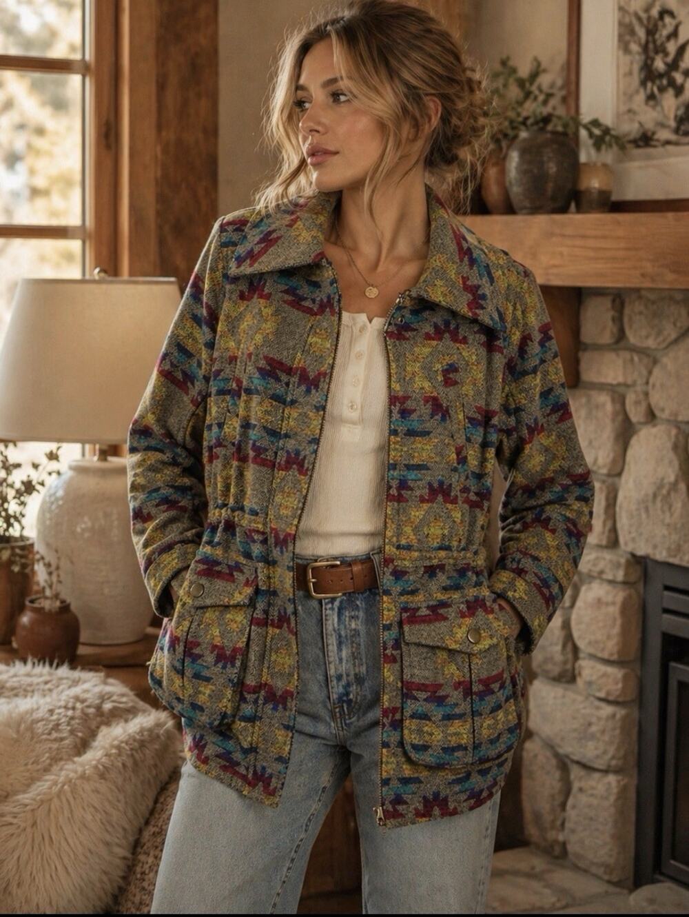 Vtg Bongo Sz L Y2K Tapestry Aztec Cozy Cabin Midlength Geometric Print Jacket
